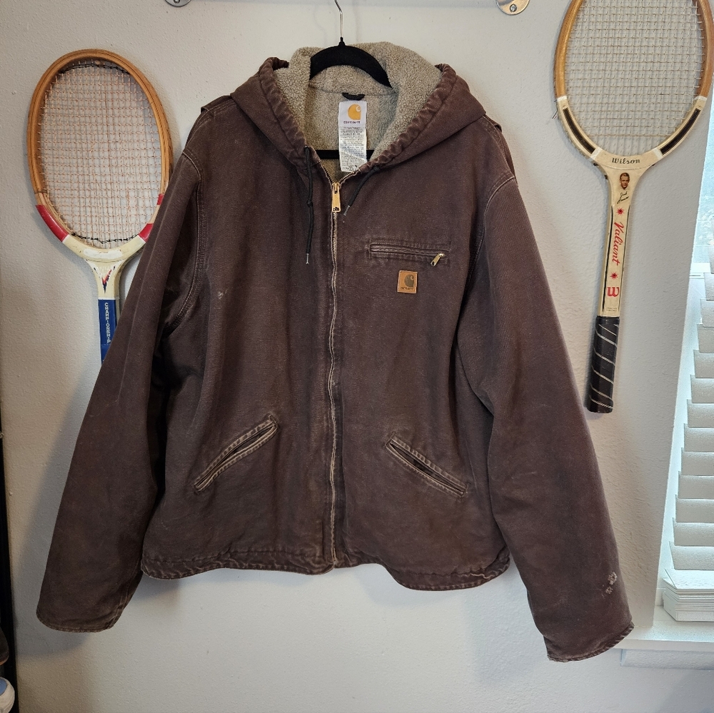 Carhartt Men's Dark Brown Detroit Hooded Jacket Sherpa Lined 2XL Tall